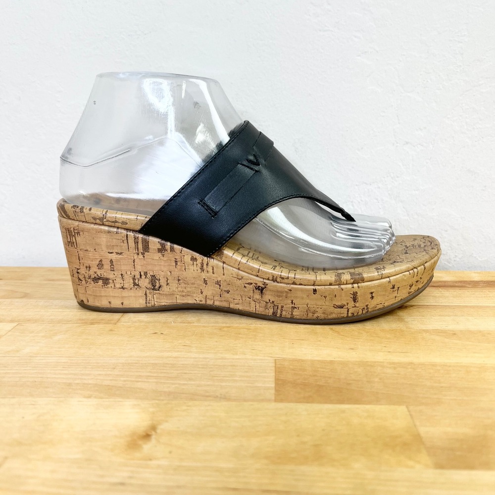 Vionic Sandals Cameron Wedge Womens Size 7 Black Cork Platform Orthotic Thong